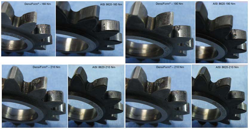 Figure 10 Typical pitting failures of broached pinions and surface densified PM pinions Figure 10 Typical pitting failures of broached pinions and surface densified PM pinions